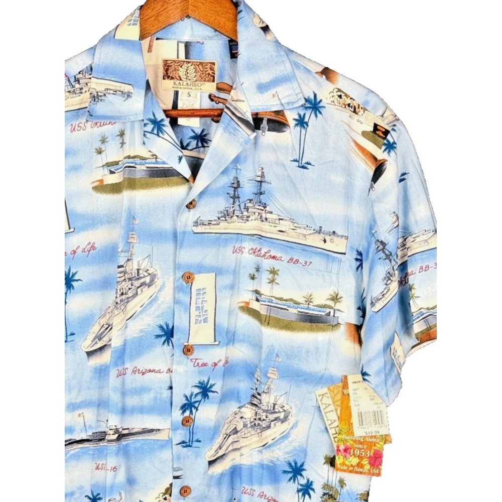 Kalaheo Hawaiian Shirt NWT Battleship Military USS Arizona‎ Navy Blue S